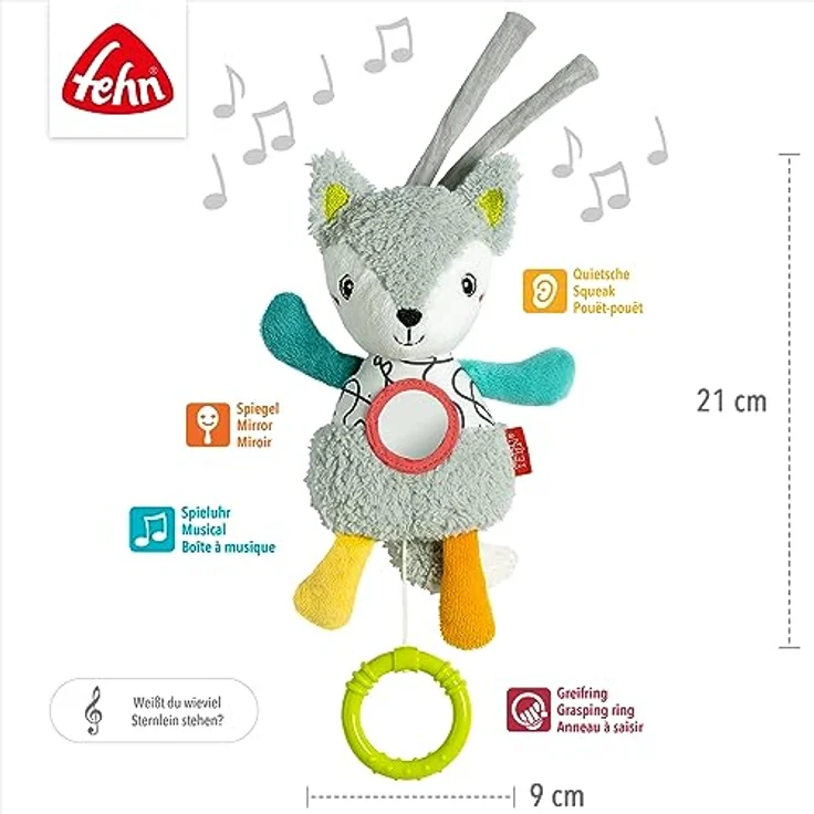Fehn Mini-Spieluhr Fuchs – Kuscheltier & Einschlafhilfe mit Spiegel & herausnehmbarem Spielwerk – Melodie „Weißt du wieviel Sternlein stehen“ – zuhause & unterwegs – für Babys & Kinder ab 0+ Monaten – Bild 5