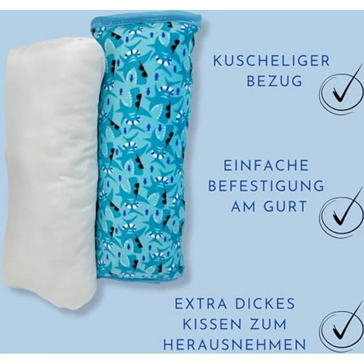 HECKBO Auto Schlafkissen Gurtpolster in Hai-Optik, maschinenwaschbar, für Kinder, lebendig blau, ergonomisch und komfortabel – Bild 4