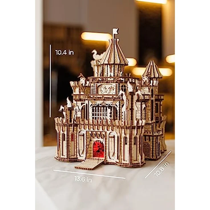 Wood Trick Dragon Castle Moveable Wooden 3D Puzzles for Adults and Kids to Build - Red LED - Greensleeves Melody - Towers Rotating - Engineering DIY Project Mechanical Model Kits for Adults Models – Bild 3