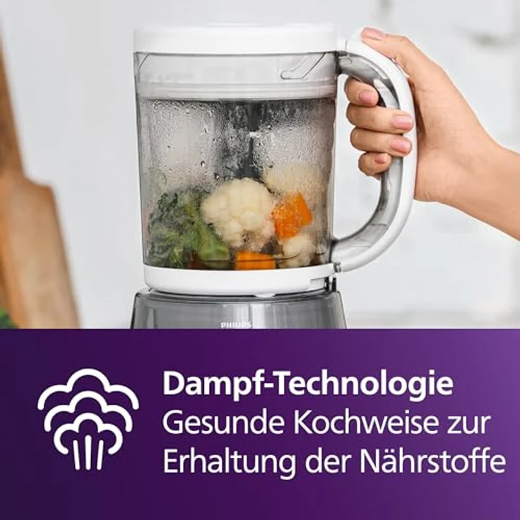 Philips Babynahrungszubereiter SCF883/20, 4-in-1 Dampfgarer und Mixer mit 10 Bechern, 400 W, weiß – Bild 5