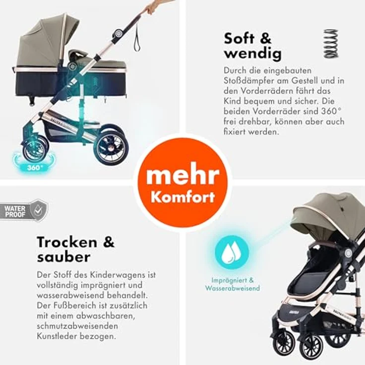 Daliya® NEOMOVE 3in1 Kinderwagen, Buggy & i-Size Babyschale | Alu-Rahmen | Reisekinderwagen & Sportwagen | Großer Einkaufskorb | Stadt & Gelände (Gold-Beige) – Bild 4