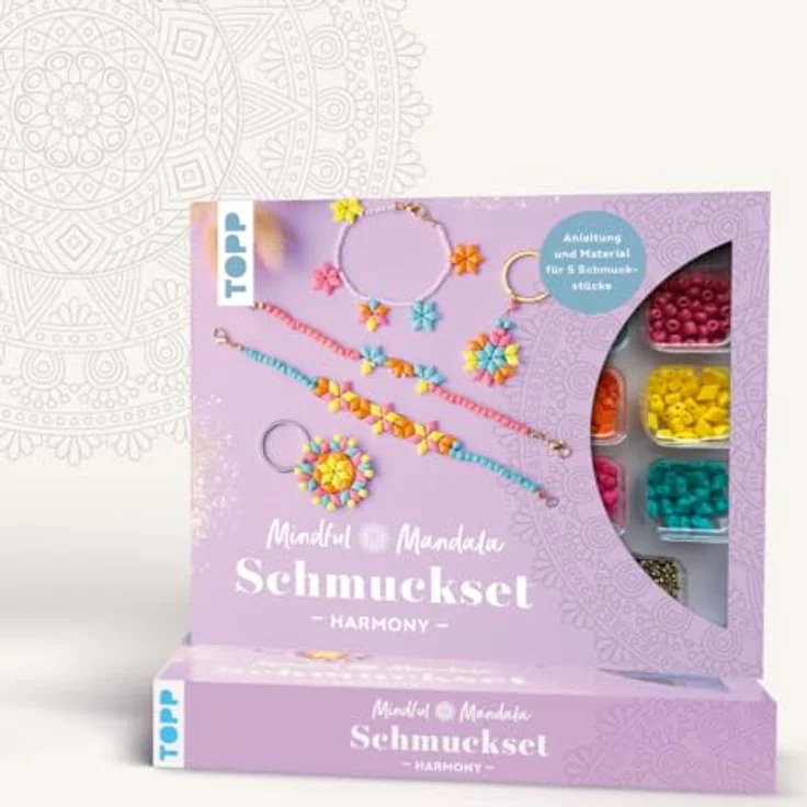 Frech Verlag Bastelperlen Mindful Mandala Schmuckset - Harmony, 120 Rautenperlen in Pink, Gelb, Blau und Orange, für Armbänder und Schlüsselanhänger – Bild 2