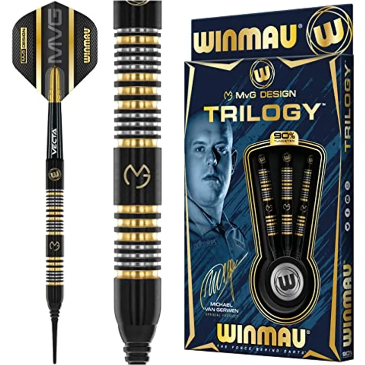Winmau MvG Trilogy Softdarts, 20 g, 90% Tungsten, schwarze Barrelbeschichtung mit goldenen und silbernen Highlights