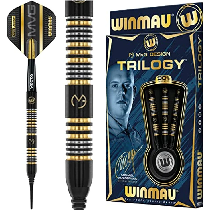 Winmau MvG Trilogy Softdarts, 20 g, 90% Tungsten, schwarze Barrelbeschichtung mit goldenen und silbernen Highlights – Bild 1