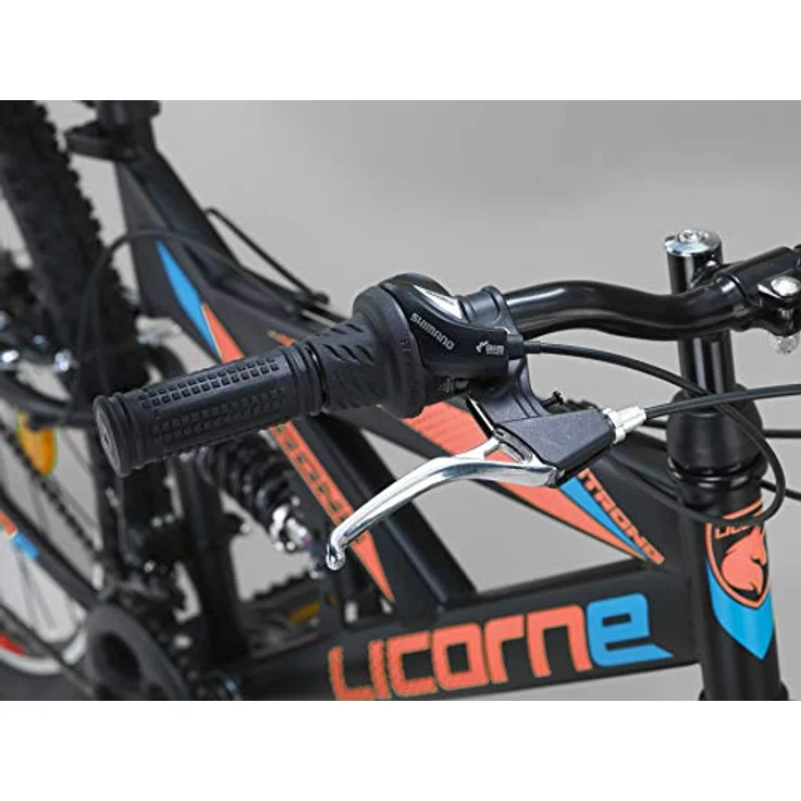 Licorne Bike Strong V Premium Mountainbike in 26 Zoll - Fahrrad für Jungen, Mädchen, Damen und Herren - Shimano 21 Gang-Schaltung - Vollfederung - Schwarz/Blau/Orange – Bild 5