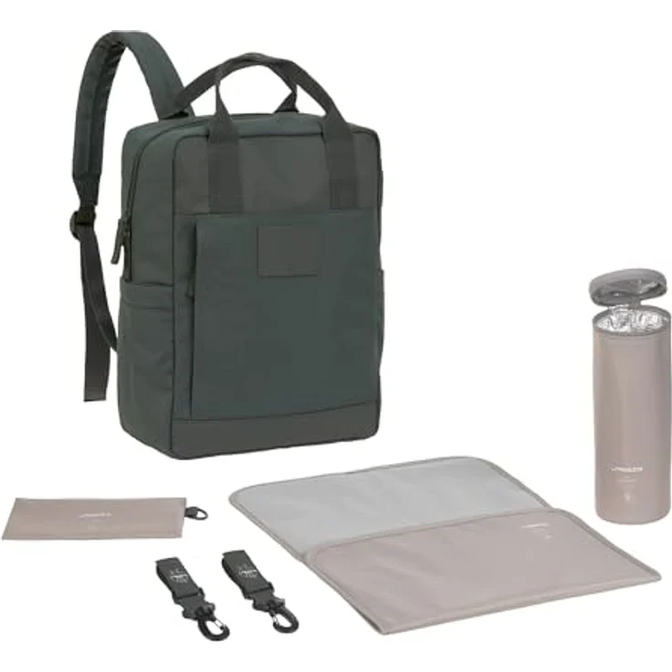 LÄSSIG Vividal Backpack, Wickelrucksack mit Wickelunterlage, Kinderwagenbefestigung und Flaschenhalter, dunkeloliv – Bild 1