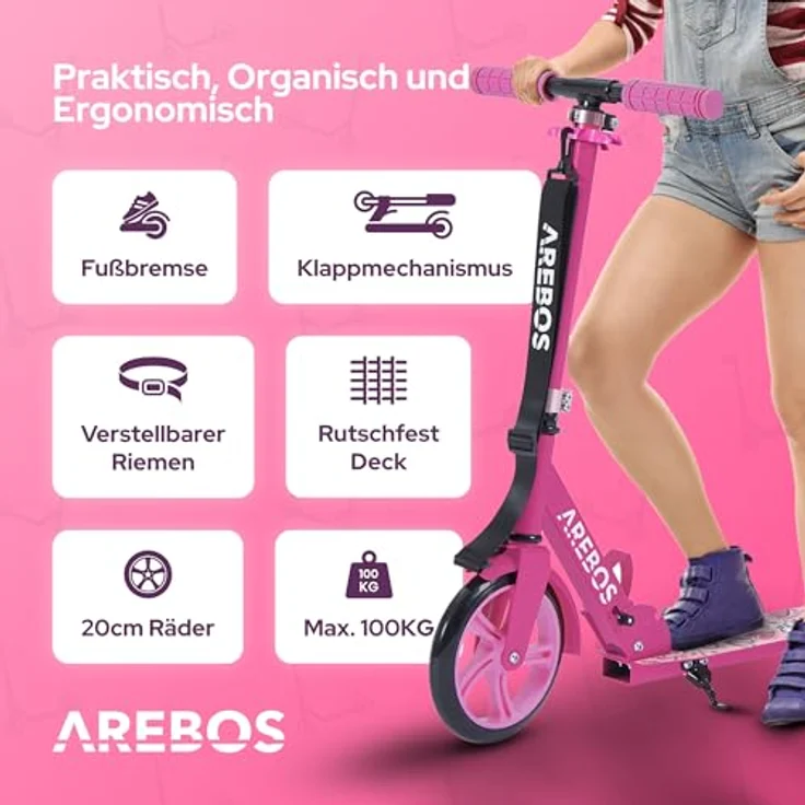Costway Höhenverstellbarer Tretroller, Pedalbremsung, Tragkraft 100 kg, 4-fach höhenverstellbar, rosa – Bild 4