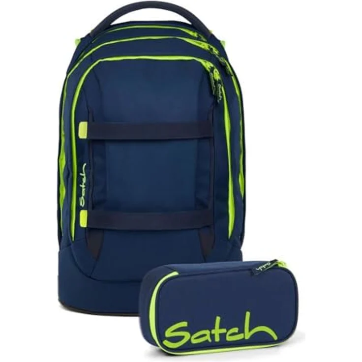 Satch pack Schulrucksack Set 2tlg. inkl. Schlamperbox, 30 Liter Volumen, 3D Soft-Mesh Rückensystem, Toxic Yellow – Bild 1