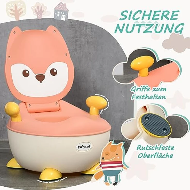 ZONEKIZ Toilettentrainer Kindertoilette Fuchs-Design, ergonomische Rückenlehne, Spritzschutz, herausnehmbarer Innentopf, für Kleinkinder von 6 Monaten bis 3 Jahre, rosa/weiß/gelb – Bild 3