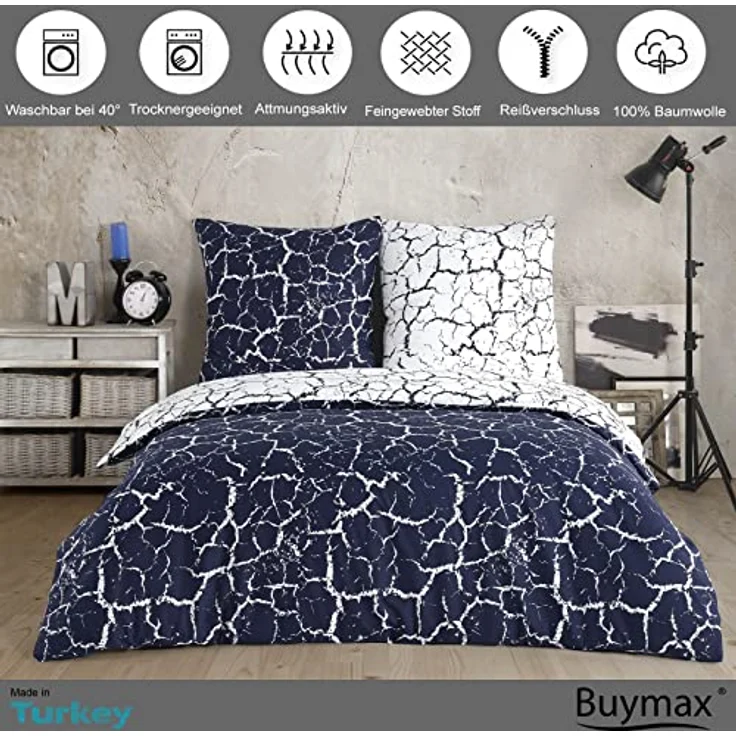 Buymax® Bettwäsche Set 155x220 cm, 4-teilig, 100% Baumwolle, ÖKO-TEX zertifiziert, mit Reißverschluss und 2 Kissenbezügen 80x80 cm, pflegeleicht, verschiedene Farben und Muster erhältlich – Bild 2
