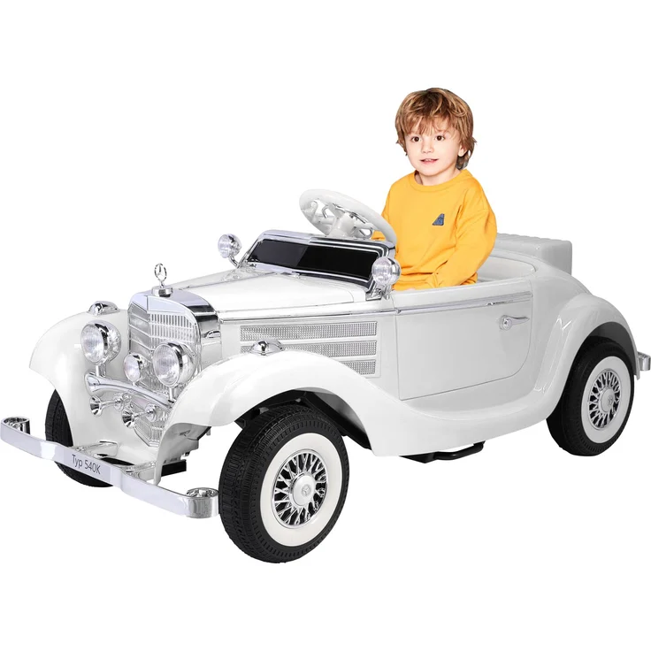 Homemiyn Elektro-Kinderauto Mercedes Benz Oldtimer Retro Klassiker, 12V Batterie, 2 Fahrmodi, Eltern-Kind-Modus, Musikfunktion, Weiß