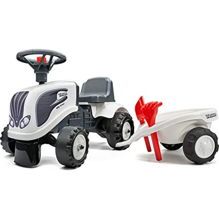 Falk Rutschauto Traktor Valtra mit Anhänger, ab 12 Monaten, personalisierbar mit 2 Stilen, inklusive Schaufel und Harke, 240C