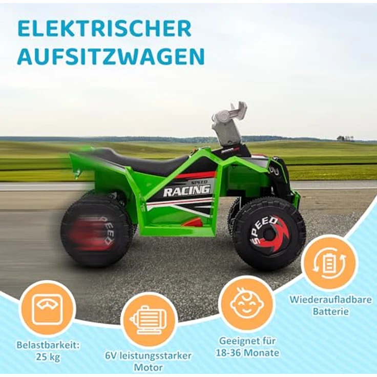 HOMCOM 6V Elektro Kinderquad, Mini Elektroquad für Kinder 1,5-3 Jahre, 2,5 km/h mit Vorwärts- und Rückwärtsfunktion, Grün – Bild 5