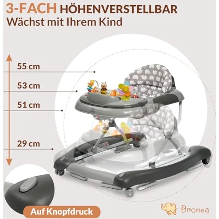 Bronea 4-in-1 Gehfrei Baby ab 6 Monate | Lauflernwagen mit Schaukelfunktion und Spielpaneel mit Musik | Höhenverstellbare und Klappbar | Lauflernhilfe mit leisen Rollen und Bremsen – Bild 3