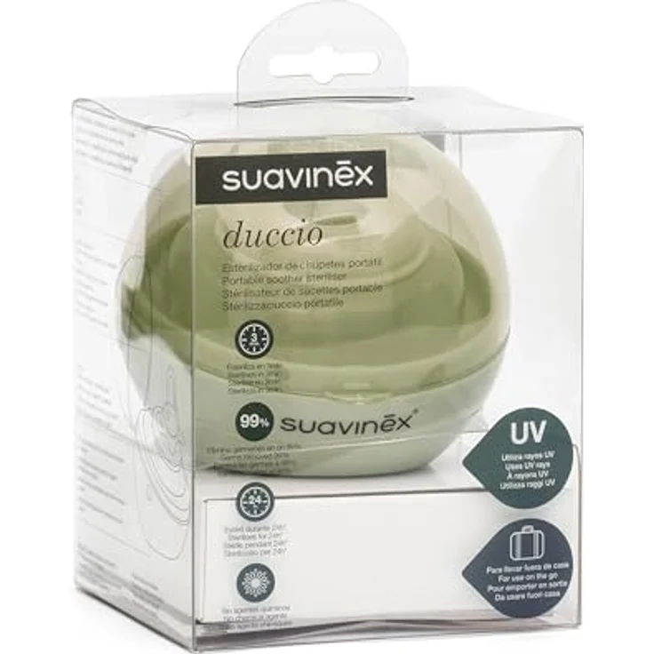 Suavinex Tragbarer Schnuller Sterilisator Duccio, UV-Licht Technologie, beseitigt 99% der Keime in 3 Minuten, batterie- und USB-betrieben, ideal für Reisen, grün – Bild 3