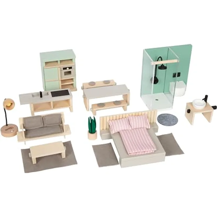 small Foot Puppenhausmöbel Set, detailreiches Möbelset mit hohem sichtbaren Holzanteil, 27 Teile für Puppenhäuser, skandinavische Farbtöne, für Kinder ab 3 Jahren