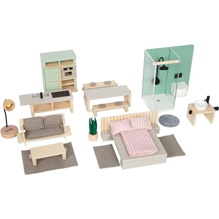 small Foot Puppenhausmöbel Set, detailreiches Möbelset mit hohem sichtbaren Holzanteil, 27 Teile für Puppenhäuser, skandinavische Farbtöne, für Kinder ab 3 Jahren – Bild 1