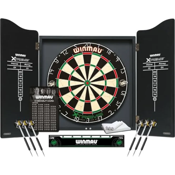 WINMAU Xtreme Dartscheibe, Schrank und Dartset mit Zubehör, 2 Dartsets, Oche-Streifen und Markierungskreide – Bild 1