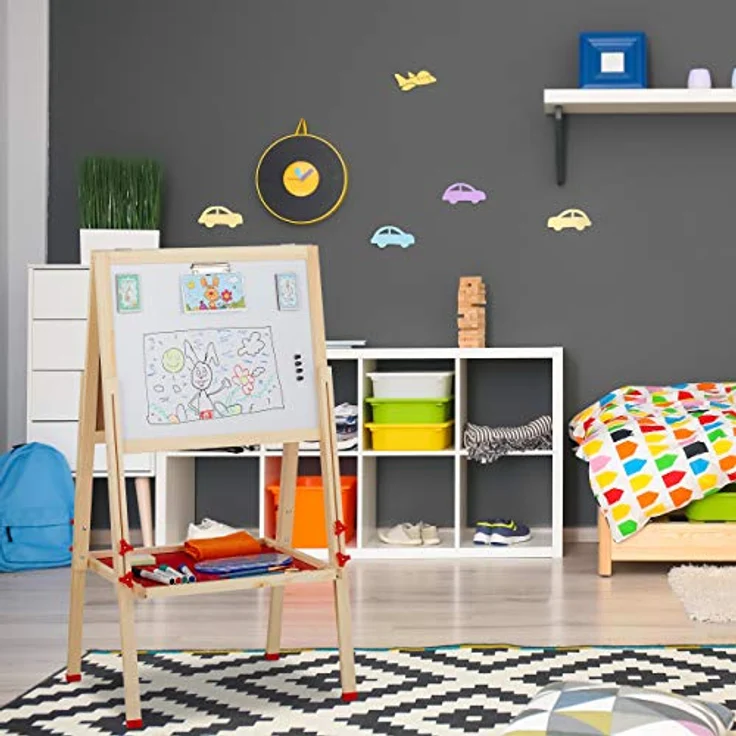 Relaxdays Standtafel Kinder, höhenverstellbar, doppelseitig mit Whiteboard und Grüntafel, rot – Bild 3