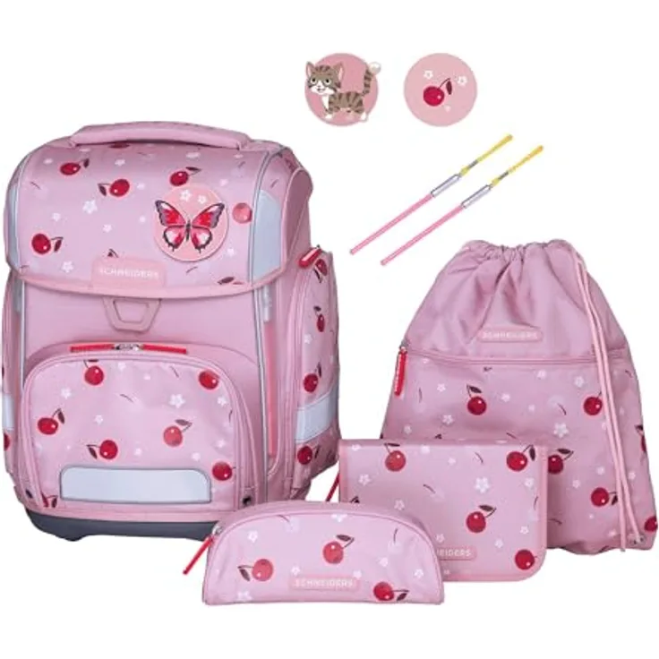 Schneiders Vienna Ergolite Cherry Pop Schulranzen, ergonomisch und recyclebar, 22 Liter Volumen, inkl. LED-Leuchtstäbe und 9-teiligem Set