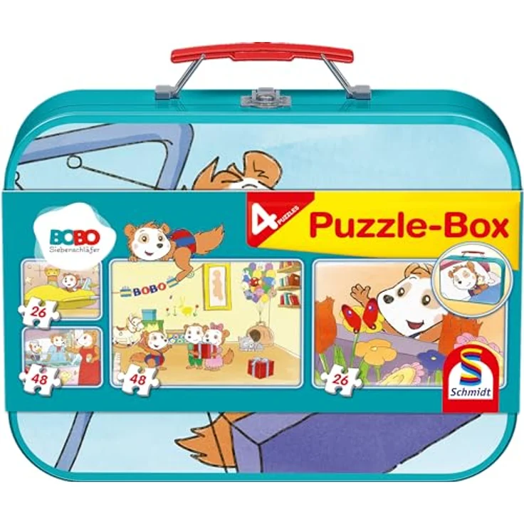 Schmidt Spiele Bobo Siebenschläfer Puzzle im Metallkoffer, 4 Kinderpuzzles mit 2x26 und 2x48 Teilen, bunt, empfohlen ab 4 Jahren, exklusiv bei Amazon – Bild 1