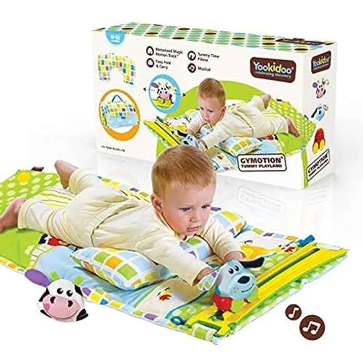 Yookidoo Baby Bauchlage Spielmatte mit Musik, Neugeborenen Spieldecke & Outdoor Activity Gym mit Kissen, Beißspielzeug und Faltbarer Tragetasche – 0–12 Monate
