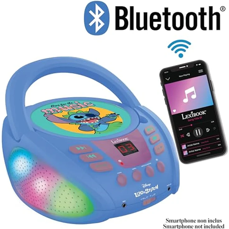 Lexibook Disney Stitch RCD109D, tragbarer Bluetooth CD-Player mit mehrfarbigen Lichteffekten, Mikrofonanschluss und Aux-Eingang, blau – Bild 3
