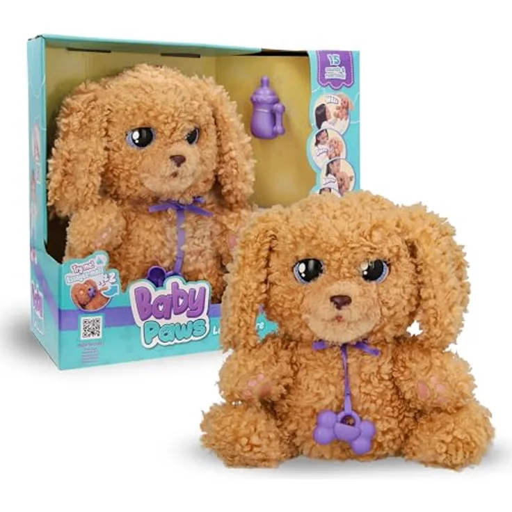IMC TOYS Baby Paws Interaktiver Labradoodle, Kuscheltier mit flauschigem Lockenfell, inkl. Schnuller, Fläschchen und Tragebeutel, ab 18 Monaten geeignet