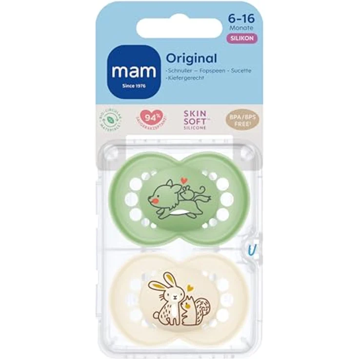 MAM Original Pure Schnuller im 2er-Set, zahnfreundlicher Baby Schnuller aus nachhaltigem & bio-erneuerbarem Material, Sauger aus MAM SkinSoft Silikon, mit Schnullerbox, 6-16 Monate, Hund/Hase – Bild 3