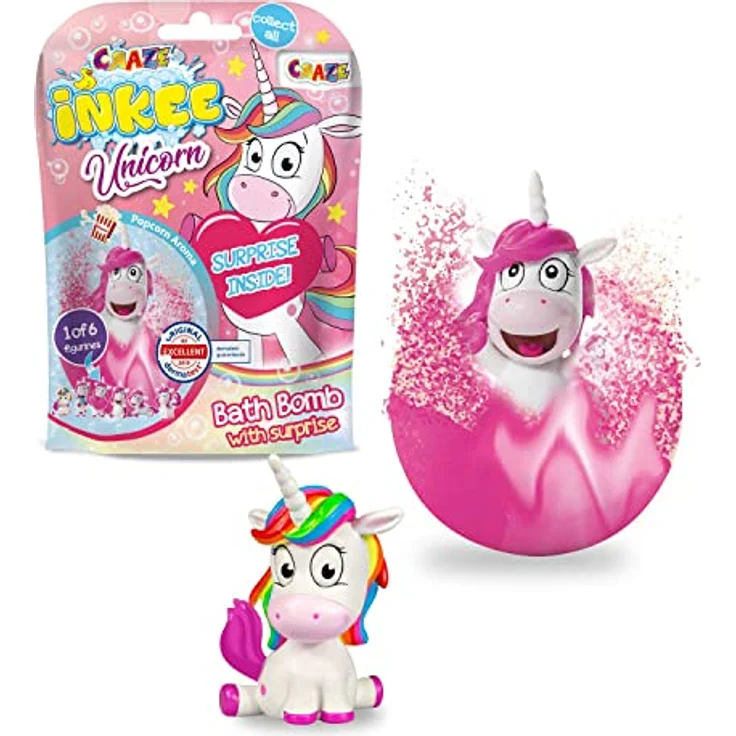 Craze INKEE Unicorn | Badebombe Kinder mit Überraschung, Badekugel 100g mit Einhornfiguren, Pop-Corn Duft - Preisvergleich – Bild 1