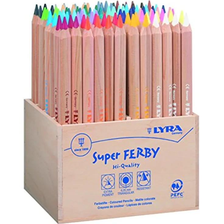 LYRA Super Ferby Holzaufsteller mit 96 Farbstiften, ergonomische dreiflächige Form, Made in Germany