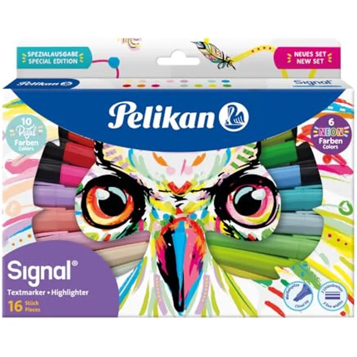 Pelikan Textmarker Signal, 16 Stück farbig sortiert in Faltschachtel mit Eulenprint, wasserbasierte Tinte, 3 Strichbreiten