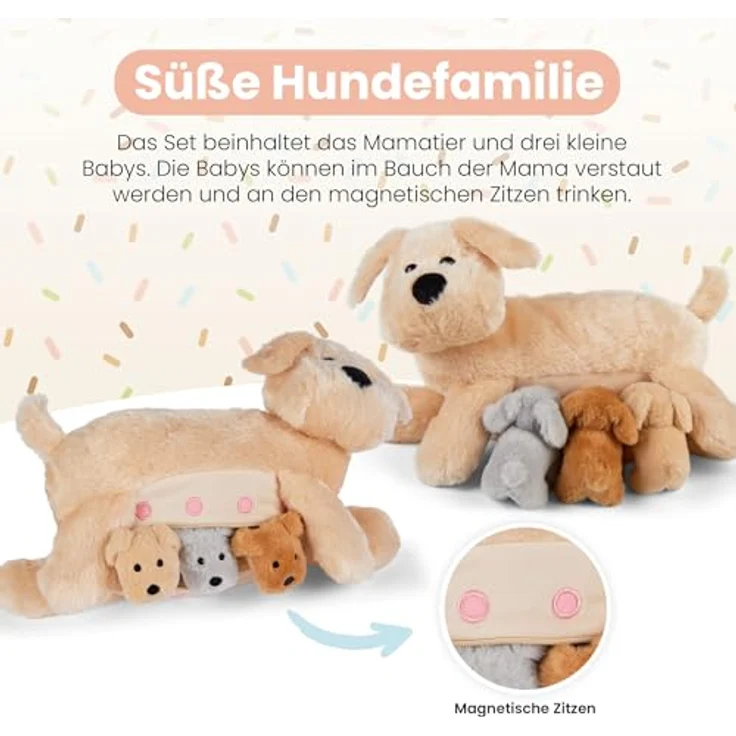 Mamanimals Hunde Kuscheltier mit 3 Baby Welpen, 30 cm groß, Reißverschluss im Bauch, magnetische Zitzen zum Säugen, hochwertiges Plüschtier Set für Kinder – Bild 3
