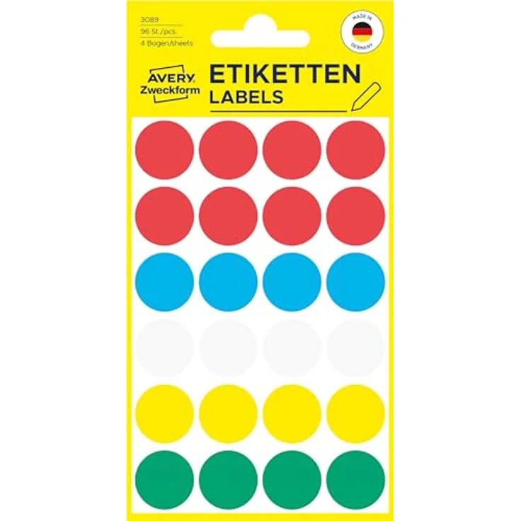 AVERY Zweckform Klebepunkte 3089, farbsortiert Ø 18,0 mm, 96 St., starke Klebekraft in Rot, Weiß, Grün, Blau und Gelb – Bild 8