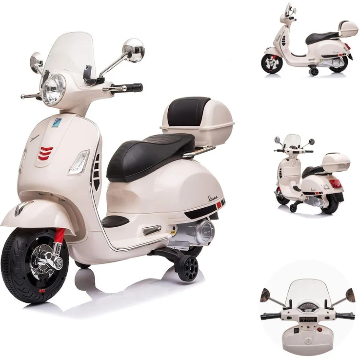 Chipolino Kindermotorrad Vespa GTS Super, elektrisches Fahrzeug mit Musik MP3, LED-Lichtern, Stützrädern, 2-3 km/h, weiß