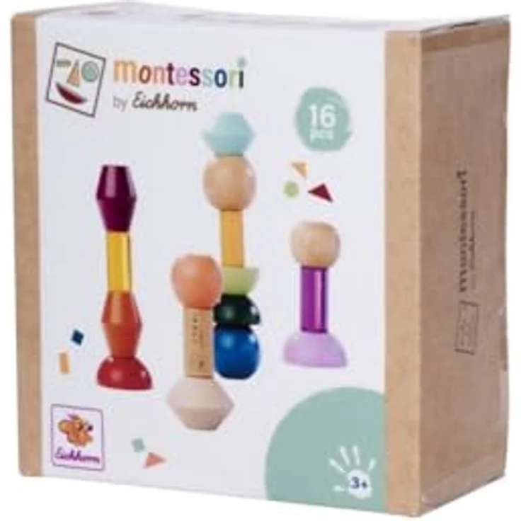 Eichhorn Montessori Stapelspielzeug Stapelperlen, 16 farbenfrohe geometrische Bausteine aus FSC® Buchenholz, fördert Kreativität und Feinmotorik – Bild 2