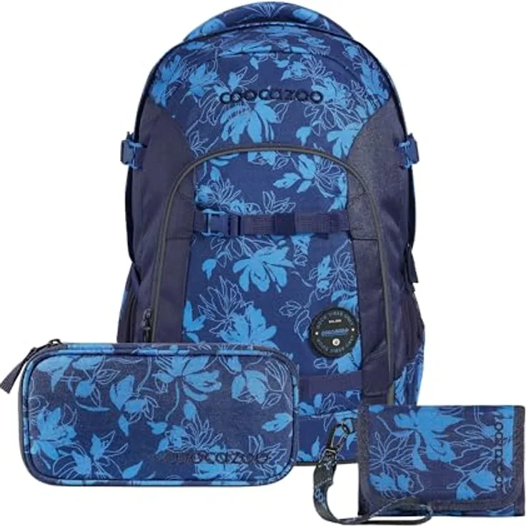 Coocazoo JOKER Schulrucksack-Set „Tropical Night“, 3-teilig, ergonomischer 25L Tornister mit Brust- und Hüftgurt, blau, inkl. Mäppchen und Geldbörse, 100% recycelte PET-Flaschen