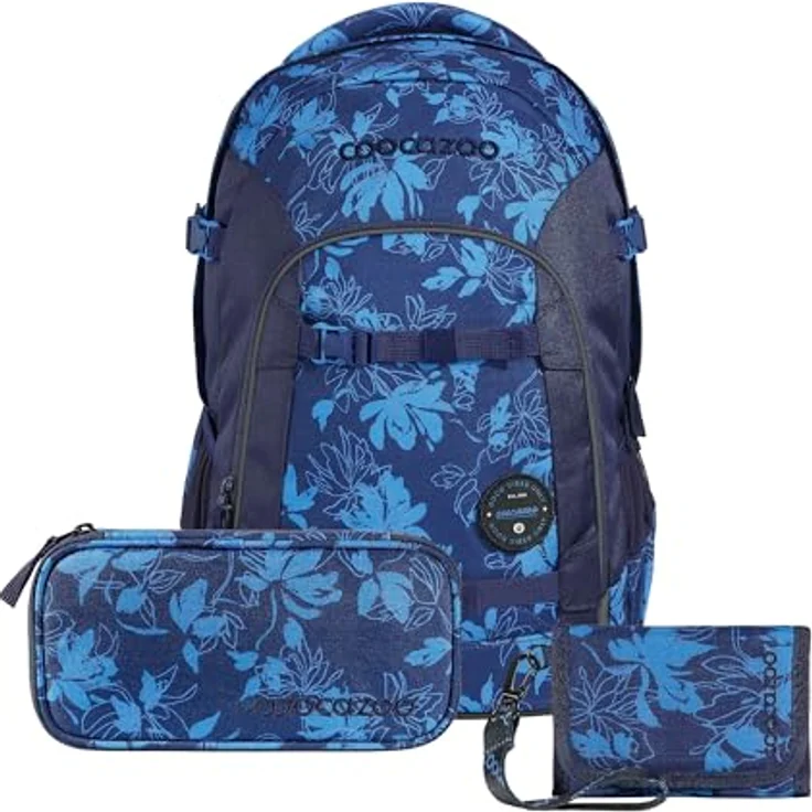 Coocazoo JOKER Schulrucksack-Set „Tropical Night“, 3-teilig, ergonomischer 25L Tornister mit Brust- und Hüftgurt, blau, inkl. Mäppchen und Geldbörse, 100% recycelte PET-Flaschen – Bild 1