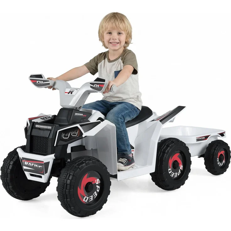COSTWAY 6V Elektro Kinder Quad, 2-in-1 Quad mit abnehmbarem Anhänger, Scheinwerfer, Vorwärts- & Rückwärtsfunktion, für Kinder ab 3 Jahren, Weiß