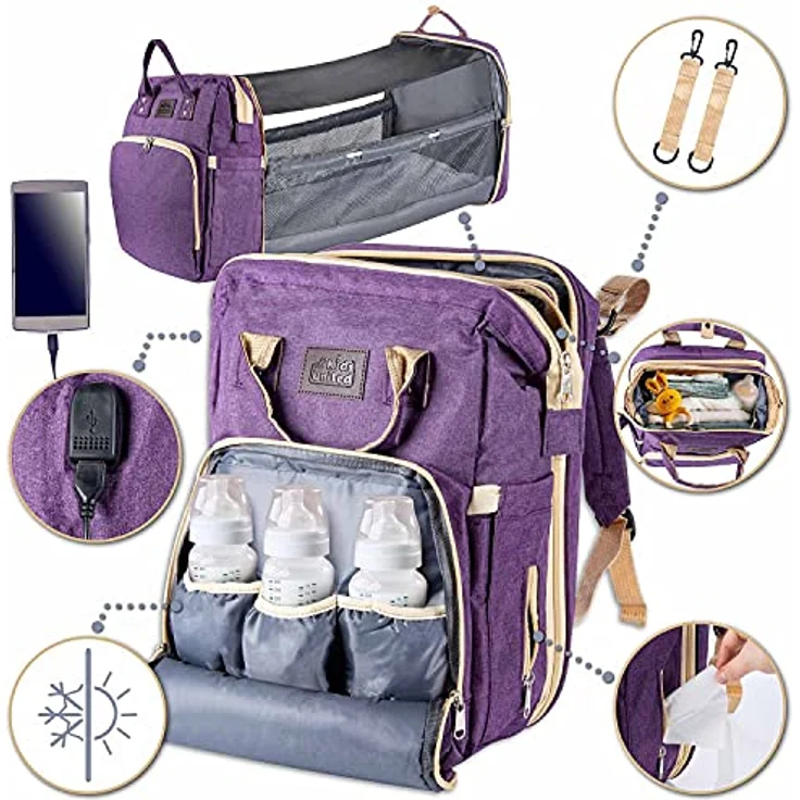 all Kids United® Baby Wickelrucksack Deluxe, multifunktionale Babytasche mit integriertem Babybett, Wickelauflage und Kinderwagen-Haken, violett – Bild 2