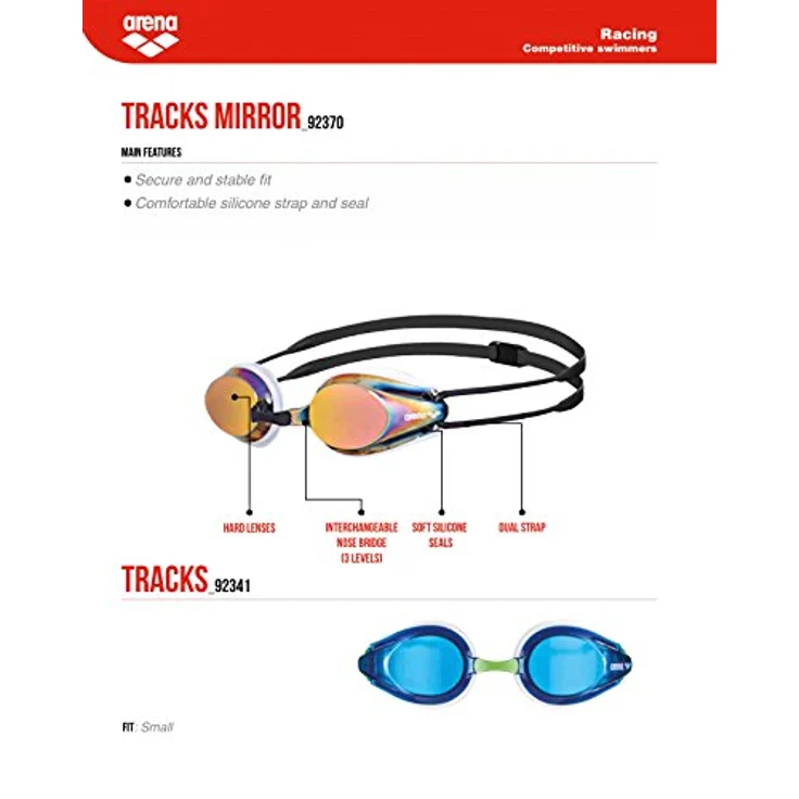 arena Tracks Mirror Anti-Fog Wettkampf Schwimmbrille Unisex für Erwachsene, Schwimmbrille mit verspiegelten Gläsern, UV-Schutz, 4 Austauschbare Nasenstege, Silikon Dichtungen – Bild 4