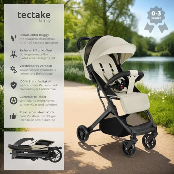 tectake Buggy Kinderwagen von 0 bis 3 Jahre, einhändig faltbarer Reisebuggy, grau/beige – Bild 2