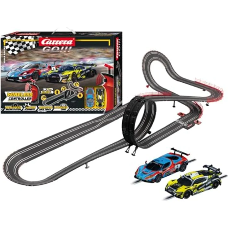 Carrera GO!!! Rennbahn Autorennbahn Super Racers Wireless Set 62585, 2 Slotcars im Maßstab 1:43, inkl. 2 Wireless Handregler mit Turbo-Knopf, Looping und Fly-Over, 7 Meter Rennstrecke mit Rundenzähler – Bild 1