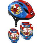 STAMP Jungen Fahrradhelm + Ellenbogen- und Knieschützer Set Spidey, Blau/Rot, Größe S, verstellbar