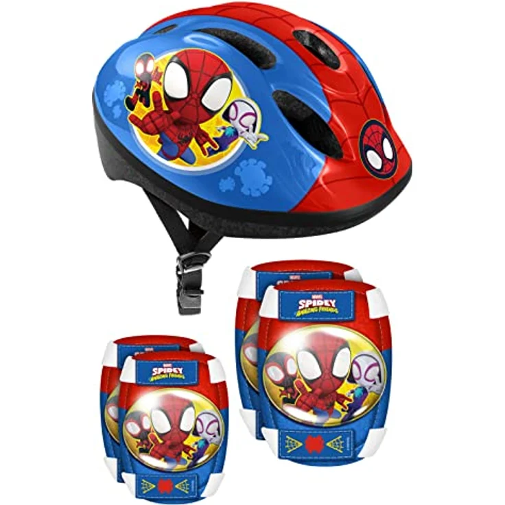 STAMP Jungen Fahrradhelm + Ellenbogen- und Knieschützer Set Spidey, Blau/Rot, Größe S, verstellbar – Bild 1