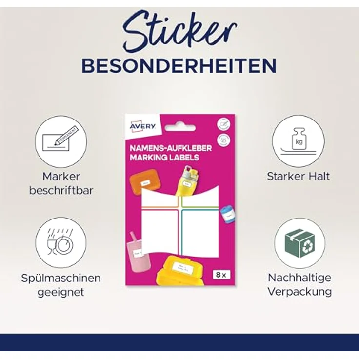 AVERY Zweckform NAME8C Namensaufkleber, wasserfest und spülmaschinengeeignet, 8 Stück (46x72mm, selbstklebende bunte Etiketten für Schule und Kindergarten) – Bild 2