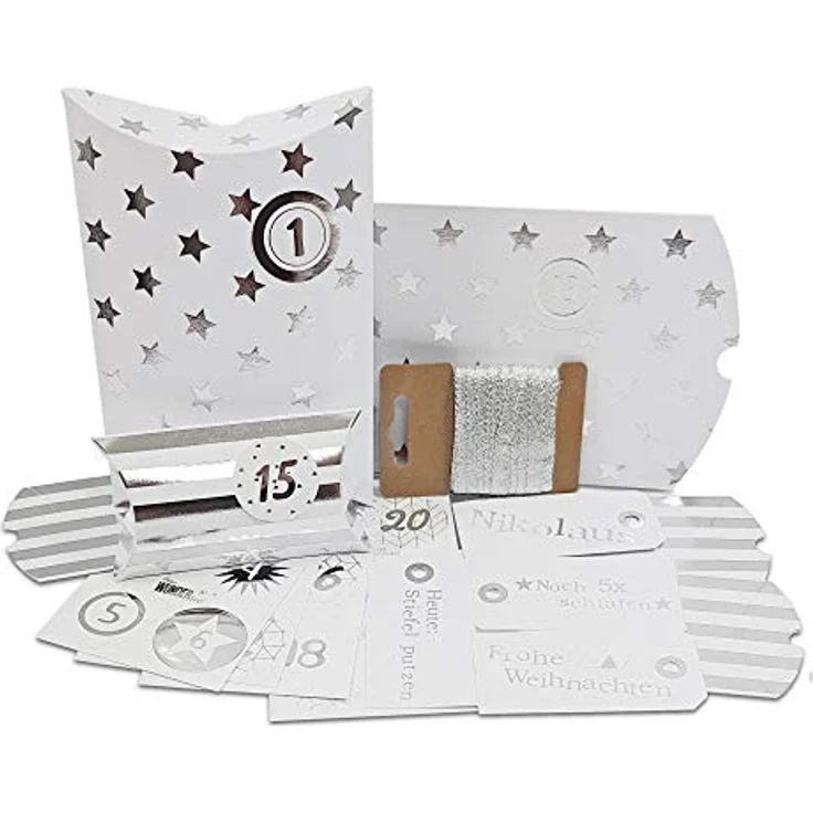Frau WunderVoll® DIY Adventskalender zum Befüllen HoHoHo Metallic, matt weiß, Silber/Weihnachtskalender Bastelset Weihnachten,Schachteln,Kissenschachteln, Pillowbox, Kinder, Zahlen, Geschenkbeutel – Bild 2