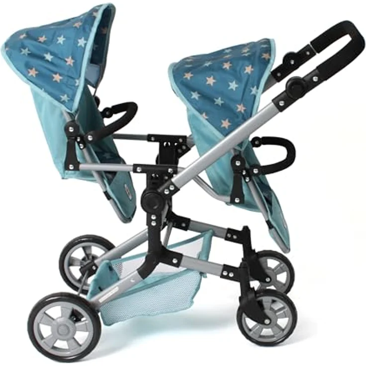 Bayer Chic 2000® Puppenwagen Linus Duo, faltbarer Zwillingspuppenwagen in Sternchen Türkis, verstellbarer Griff 50-82 cm, für Puppen bis 50 cm, geeignet für Kinder von 4-8 Jahren – Bild 3