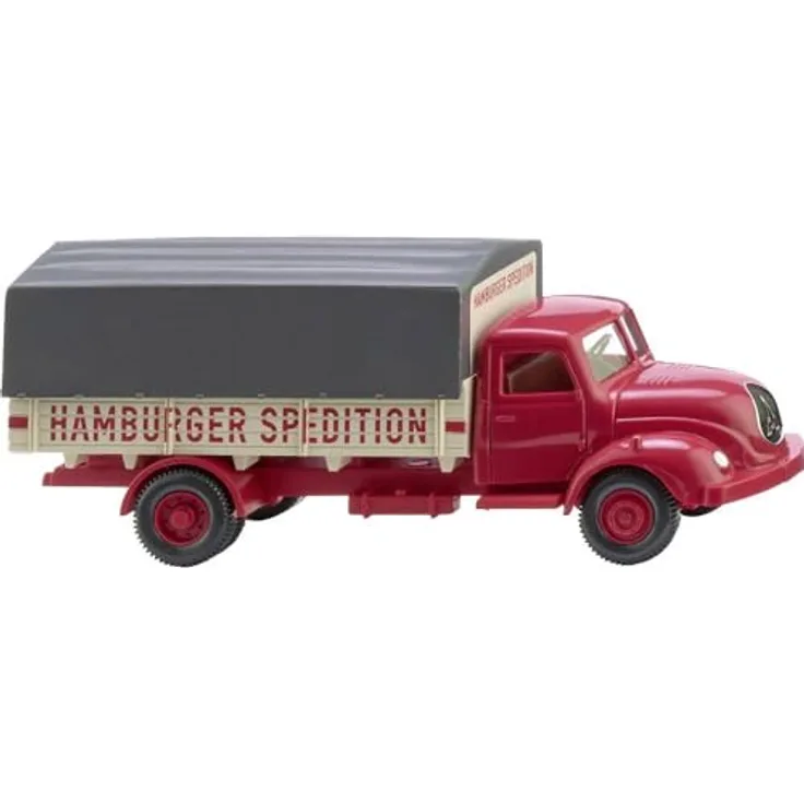 Wiking 042004 H0 LKW Modell Magirus Pritschen-LKW, rot, vorbildgetreu als Hamburger Spedition