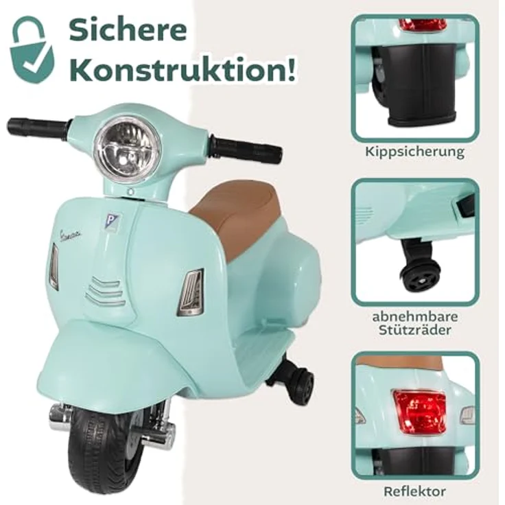 Lemodo Elektro-Kinderroller VESPA mit abnehmbaren Stützrädern, Elektromotorrad in mint oder rot – Bild 3